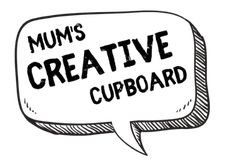 a black and white drawing of a speech bubble with the words mum's creative cupboard