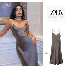 New With Tag V-Neck Midi Dress With Spaghetti Straps That Cross At Back. Hidden In-Seam Zip Closure. Gray Taupe 9000/371 196 Grey Satin Dress, Long Denim Dress, Zara Maxi Dress, Long Striped Dress, Gold Maxi Dress, Long Knitted Dress, Spaghetti Strap Maxi Dress, Satin Lingerie, Open Back Dress