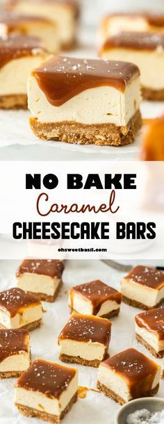 no bake caramel cheesecake bars with chocolate sauce on top and the words, no bake caramel cheesecake bars