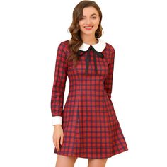 A cute bow and Peter Pan collar add classy and lovely appeal to this sweet dress, which can go from work to a date. Peter Pan collar dress with a contrasting plaid pattern is a classic gothic and casual dress for women and teens. The simple yet elegant design makes this lovely dress a vintage mini dress, and the simple dress with a Peter Pan collar makes it a great fitted dress. Wednesday Addams Dress, Dress With Flats, Vintage Mini Dresses, Peter Pan Collar Dress, Line Dresses, Tartan Dress, A Line Dresses, Dresses Red, Vestidos Vintage