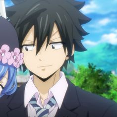 two anime characters one with blue hair and the other with pink flowers in her hair