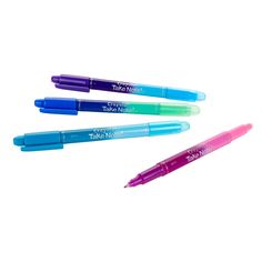 three different colored pens sitting next to each other on top of a white surface with the words take notes written in it