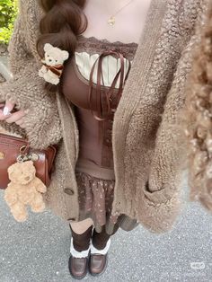 Deer Aesthetic Outfit, Cute Brown Outfits, Bakery Outfit, Shojo Style, Choco Girl, Shoujo Girl, Bear Outfit, Mori Kei, Winter Fits