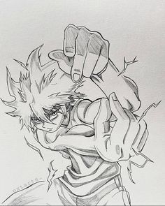 a drawing of an anime character holding his fist up to the camera with one hand