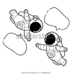 an astronaut floating in space next to another cartoon character with a speech bubble above his head