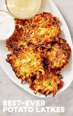 the best - ever potato latkes are served with ranch dressing