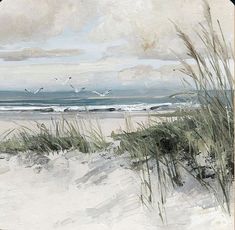 a painting of seagulls flying over the ocean and sand dunes on a cloudy day