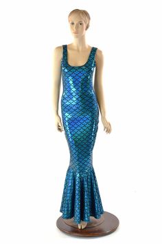 Fishtale Mermaid Wiggle Gown with Tank Style by CoquetryClothing Blue Sequined Mermaid Dress, Glamorous Fitted Mermaid Dress, Fitted Mermaid Dress For Costume Party, Fitted Mermaid Dress With Sequins, Glamorous Stretch Mermaid Dress, Blue Mermaid Dress With Fitted Bodice, Blue Stretch Mermaid Dress, Blue Stretch Mermaid Dress With Fishtail, Blue Glamorous Sleeveless Mermaid Dress