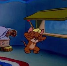 a cartoon dog standing next to a bed in a room