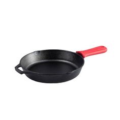 a black frying pan with red handles