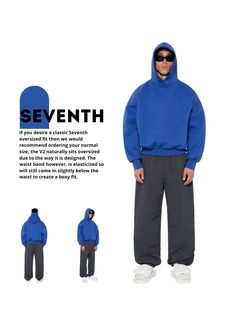 a man wearing a blue sweatshirt and sweatpants with the words seventh printed on it