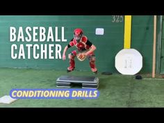 a baseball catcher catching a white frisbee on top of a black box with the words conditioning drills below it