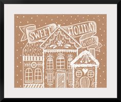 a brown and white christmas card with an image of a house in the snow on it