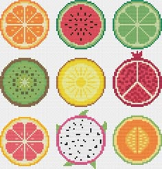 the cross stitch pattern shows different types of fruit, including oranges and grapefruits