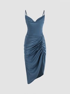 Elegant Blue Mini Dress With Ruched Sides, Blue Dress With Ruched Sides For Party, Blue Party Dress With Ruched Sides, Blue Dresses With Ruched Sides For Evening, Blue Evening Dresses With Ruched Sides, Blue Draped Midi Dress For Party, Blue Ruched Midi Dress With Spaghetti Straps, Draped Midi Dress With Ruched Sides For Party, Party Midi Dress With Ruched Sides And Draped Shape