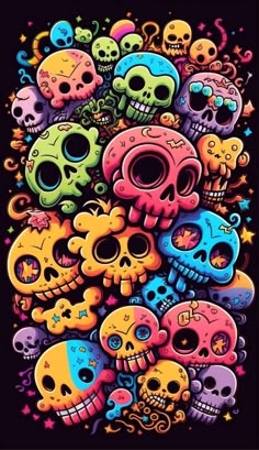 a bunch of skulls that are all different colors