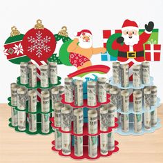 a stack of twenty dollar bills with santa clause on top