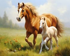 a painting of two horses running through a field