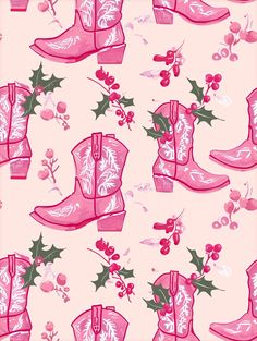 pink cowboy boots with holly and berries on a light pink background, seamless fabric