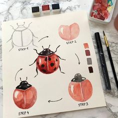 a drawing of ladybugs on a piece of paper with markers and watercolor pencils