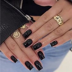 Super Cute And Stylish Ships In 5-10 Business Days Short Cute Square Acrylic Nails, Small Black Acrylic Nails, Square Acrylic Nails Short Black, Black Wedding Nails Square, Black Nails Gold Jewelry, Black Short Square Nails Ideas, Deep French Nails Square, Black Square Gel Nails, Black Nails With Gold French Tip