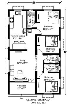 the floor plan for a small house with two bedroom and living area in one room