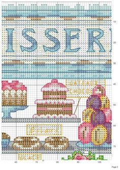 a cross stitch pattern for a bakery with cakes and pastries on the counter,