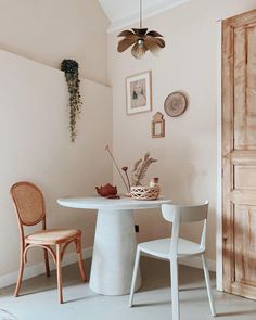 a white table and two chairs in a room