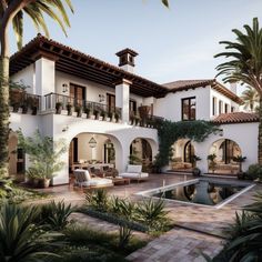 an artist's rendering of a house with a pool in the front yard and palm trees surrounding it