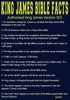 the king james bible fact is shown in yellow and blue with black lettering on it