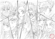 an image of some anime characters with their faces drawn in pencil and surrounded by lines