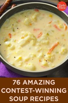 a bowl of cauliflower soup on a plate with a hot dog next to it