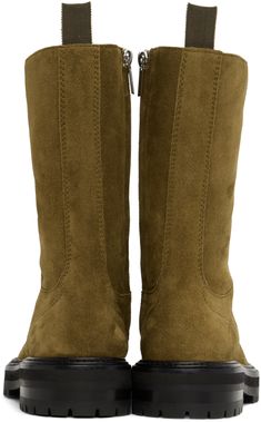 Mid-calf suede boots in green. · Lace-up closure · Zip closure at inner side · Grosgrain pull-loop at collar · Buffed leather lining in off-white · Treaded rubber outsole · Heel: H1.25 in Supplier color: Caper green Mid Calf Suede Boots, Green Lace, Calf Boots, Mid Calf Boots, Suede Boots, Mid Calf, Rubber Rain Boots, Jimmy Choo, Riding Boots