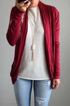 August 2016 Stitch Fix Review: Pixley Martina Slub Knit Open Cardigan… Fall Winter Fashion Trends, Fashion Cardigan, Knitting Fashion, Stitch Fix Outfits, Colored Cardigans, Red Cardigan, Open Knit Cardigan