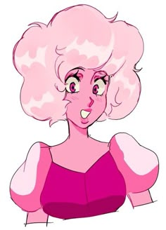 a drawing of a woman with pink hair and big eyes, wearing a pink dress