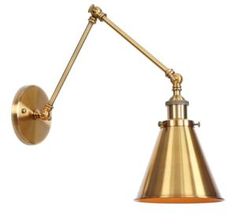 a gold colored wall light with an arm and two lights on each side, against a white background