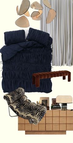 a collage of furniture and accessories including a bed