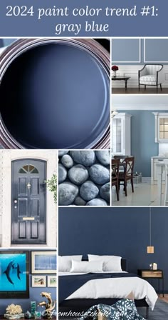 a collage of blue and white paint colors with text overlay that reads, 2012 paint color trend 1 gray blue