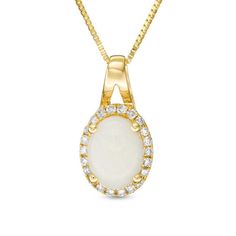 She’ll simply love wearing this gemstone and diamond pendant with her casual or dressier attire. Beautiful in warm 14K gold, this tasteful look shimmers with an 8.0 x 6.0mm oval-shaped iridescent opal cabochon. Dazzling diamonds border the center stone, while a polished split bail completes the style. Glistening with 1/10 ct. t.w. of diamonds, this timeless pendant is buffed to a brilliant luster and suspends along an 18.0-inch box chain that secures with a spring-ring clasp. Zales Zales, Diamond Frame, Jewelry Post, October Birth Stone, Opal Jewelry, Box Chain, Diamond Stone, Necklace Designs, Spring Rings