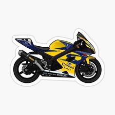 a yellow and blue motorcycle sticker on a white background