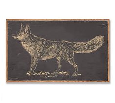 a wooden sign with a drawing of a fox on it