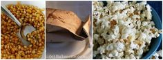 three pictures with different types of food including popcorn, corn and banana peels in them