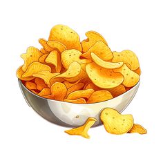 a bowl full of potato chips on a white background