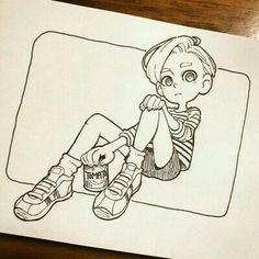 a drawing of a boy sitting on top of a table