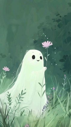 a ghost is standing in the grass with flowers