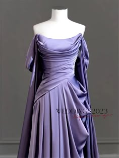 Purple Prom Dress Off The Shoulder, Purple Satin Gown, Purple Greek Goddess Dress, Silk Dress Purple, Fantasy Dress Prom, Fantasy Bridesmaid Dresses, Dark Purple Dress Aesthetic, Purple Prom Dress Aesthetic, Lavender Gowns Elegant