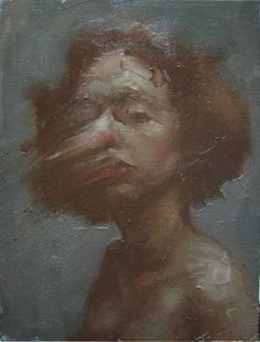 an oil painting of a woman's face with hair blowing in the wind