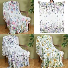 three pictures of a woman sitting in a chair with a floral blanket on her back