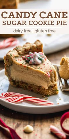 a slice of candy cane sugar cookie pie on a plate