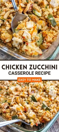 chicken zucchini casserole recipe in a glass dish with a serving spoon